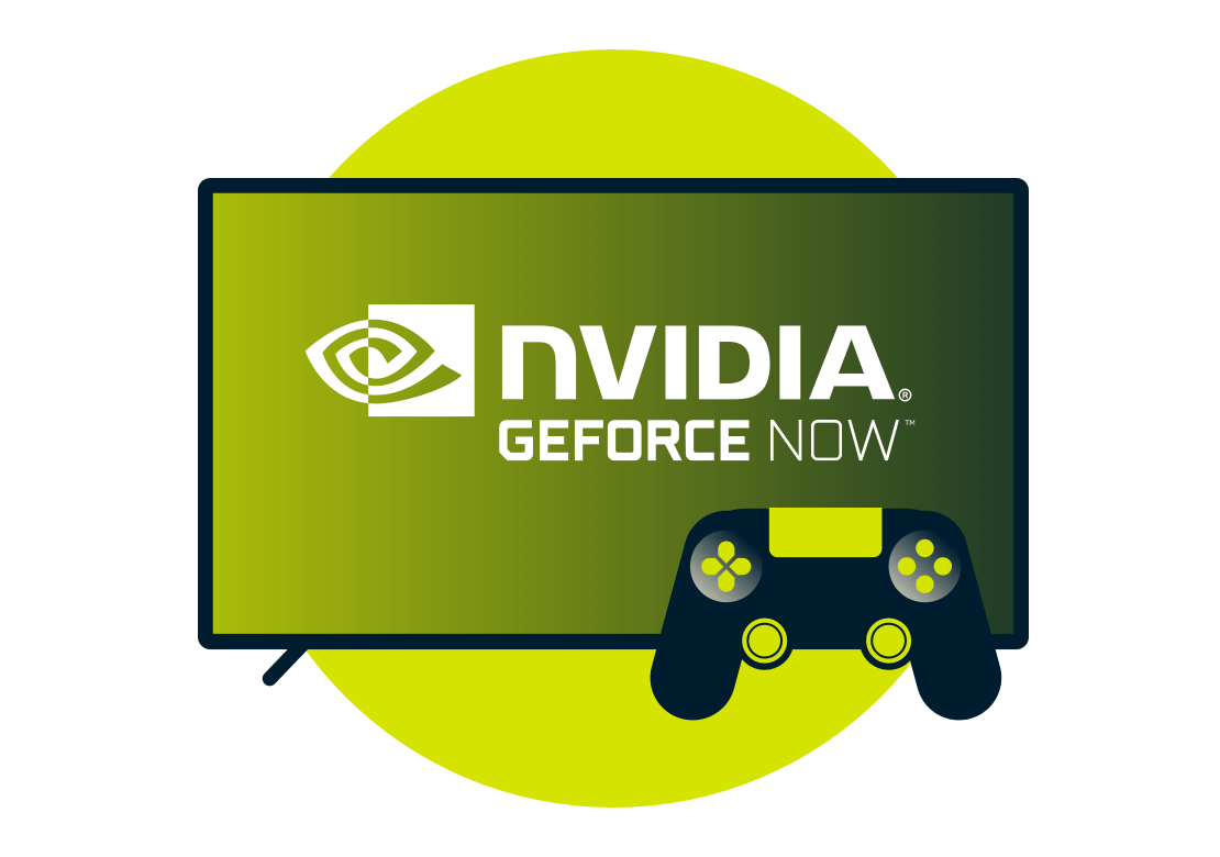 Nvidia GeForce Now-logo p&aring; en skjerm med en kontroll